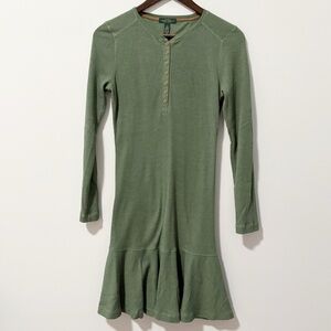 LRL Lauren Jeans Co Waffle Knit Dress Womens Size Small Green Long Sleeve Ruffle